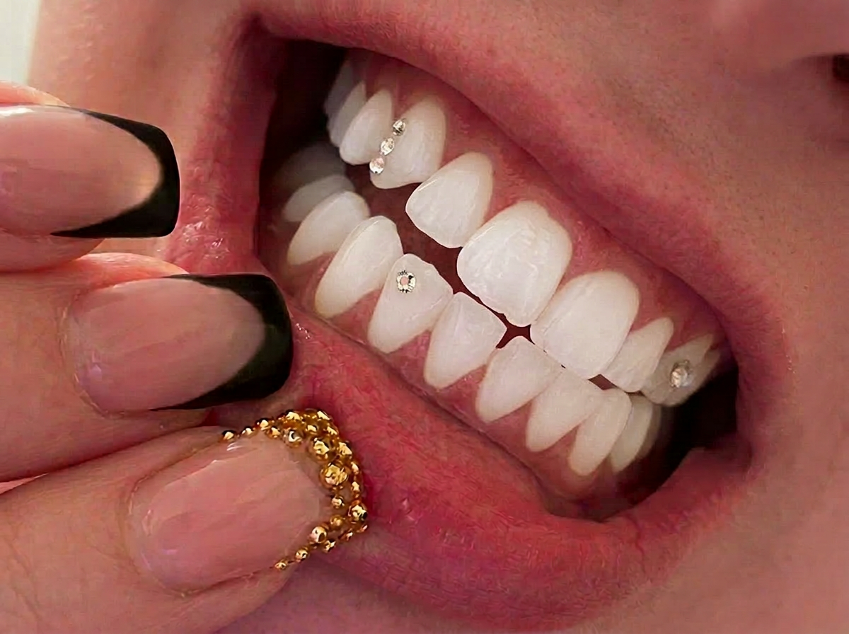 Crystal tooth gems on smile